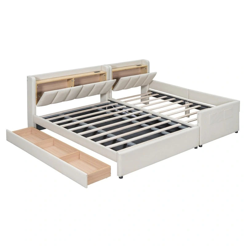 Lit plateforme capitonné Queen + Twin XL beige/gris pour 2
