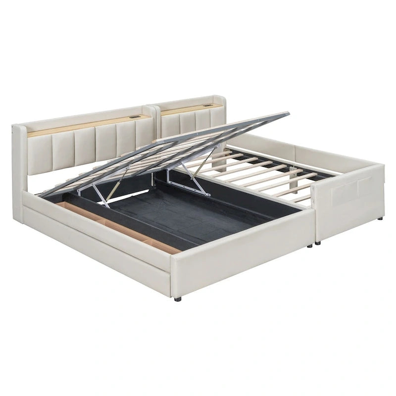 Lit plateforme capitonné Queen + Twin XL beige/gris pour 2