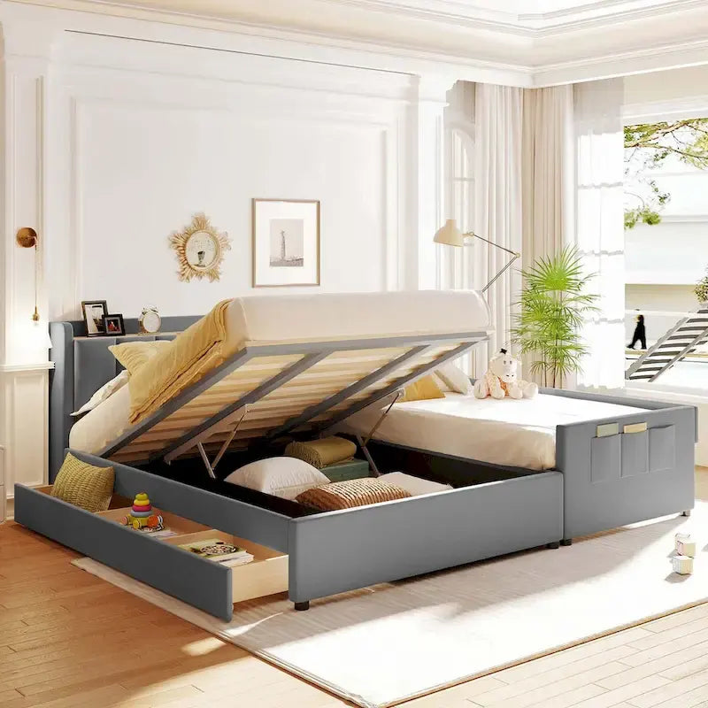 Lit plateforme capitonné Queen + Twin XL beige/gris pour 2