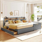Lit plateforme capitonné Queen + Twin XL beige/gris pour 2
