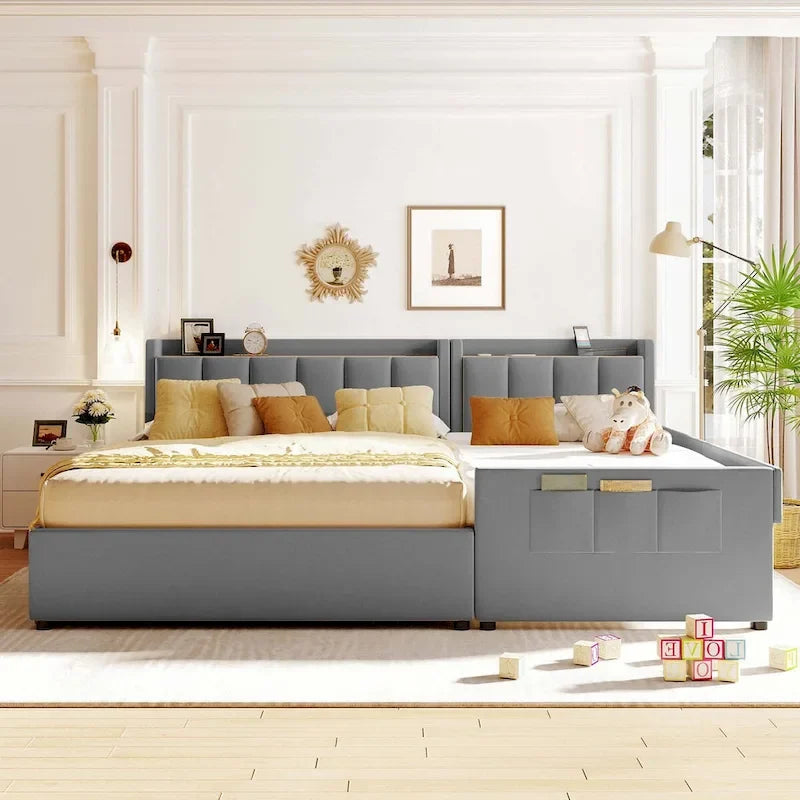 Lit plateforme capitonné Queen + Twin XL beige/gris pour 2