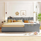 Lit plateforme capitonné Queen + Twin XL beige/gris pour 2