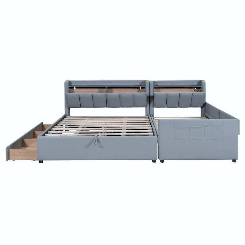 Lit plateforme capitonné Queen + Twin XL beige/gris pour 2