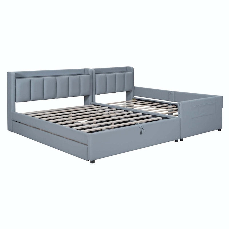 Lit plateforme capitonné Queen + Twin XL beige/gris pour 2