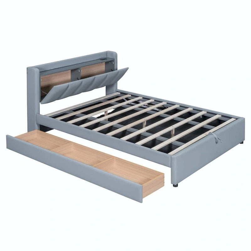 Lit plateforme capitonné Queen + Twin XL beige/gris pour 2