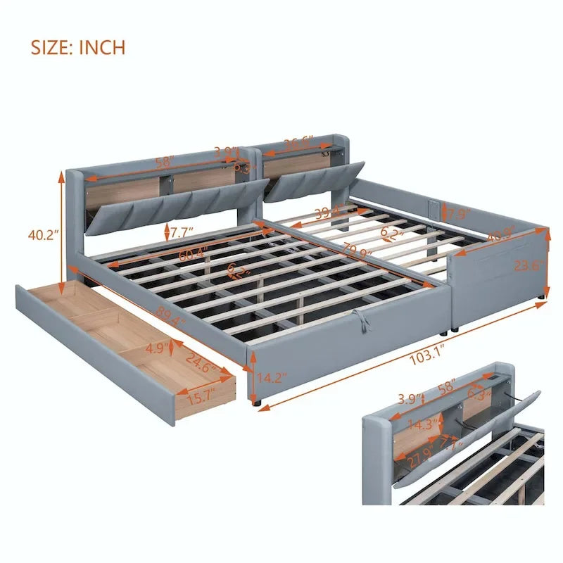 Lit plateforme capitonné Queen + Twin XL beige/gris pour 2