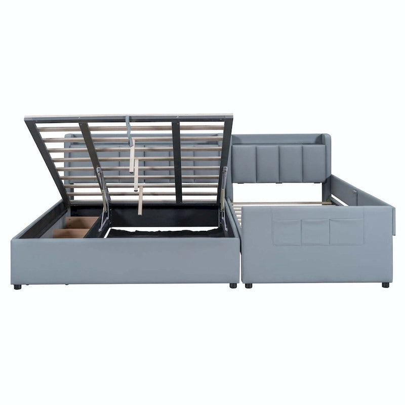 Lit plateforme capitonné Queen + Twin XL beige/gris pour 2
