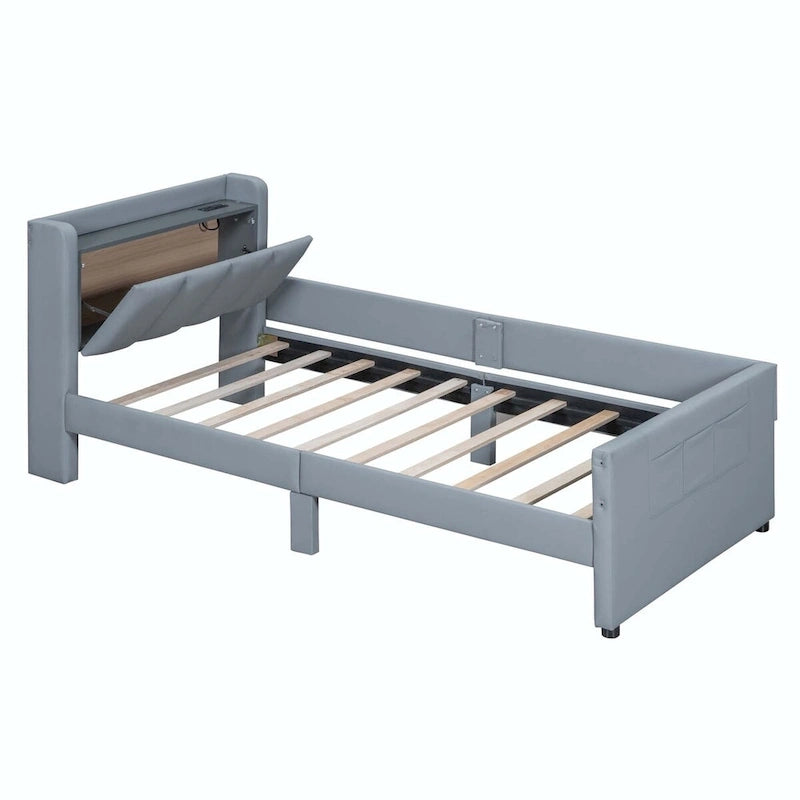 Lit plateforme capitonné Queen + Twin XL beige/gris pour 2