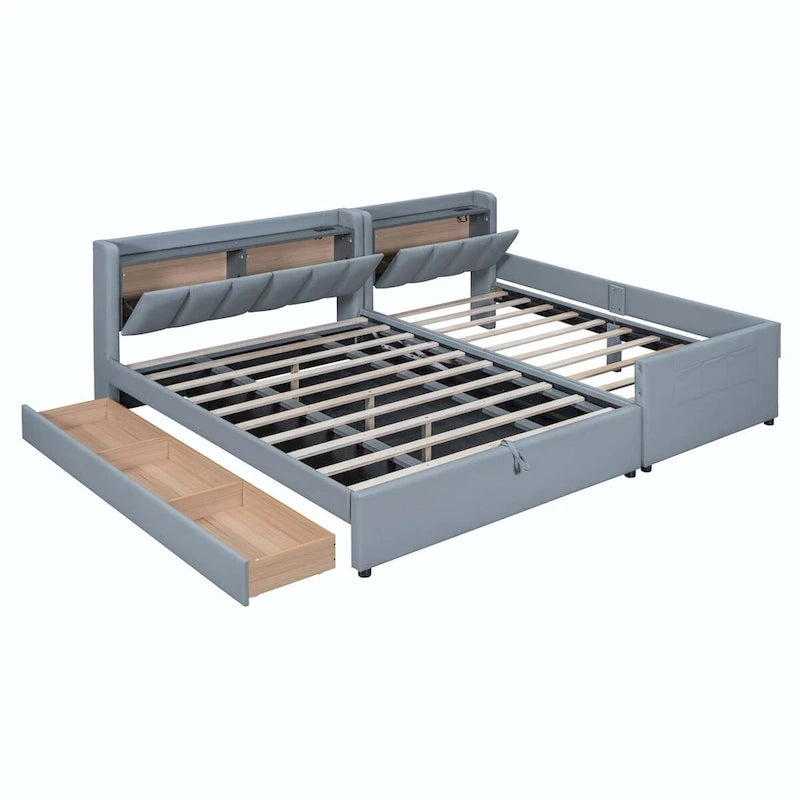 Lit plateforme capitonné Queen + Twin XL beige/gris pour 2