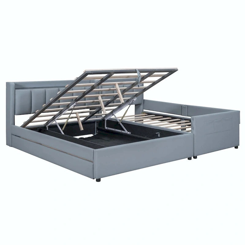 Lit plateforme capitonné Queen + Twin XL beige/gris pour 2