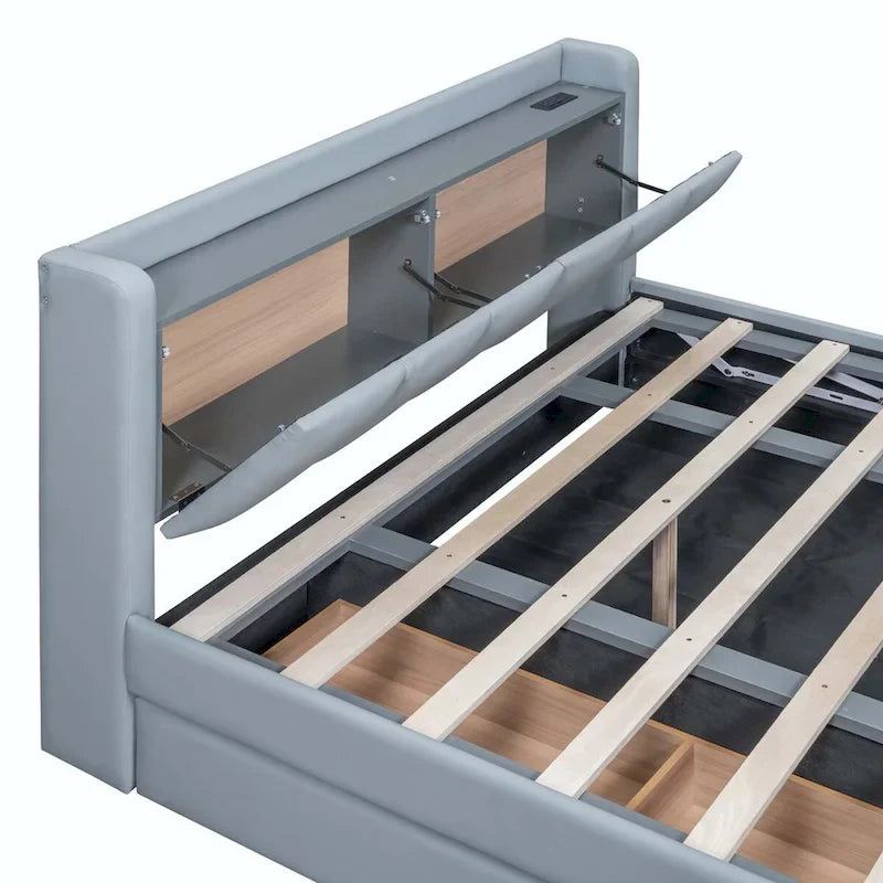 Lit plateforme capitonné Queen + Twin XL beige/gris pour 2