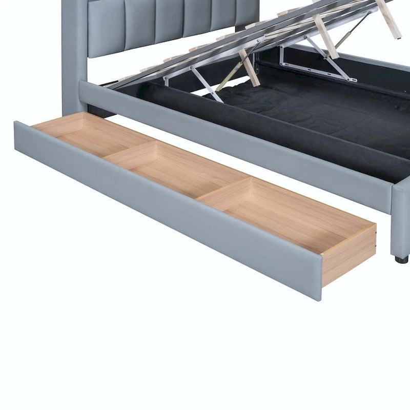 Lit plateforme capitonné Queen + Twin XL beige/gris pour 2