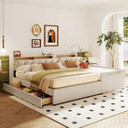 Lit plateforme capitonné Queen + Twin XL beige/gris pour 2