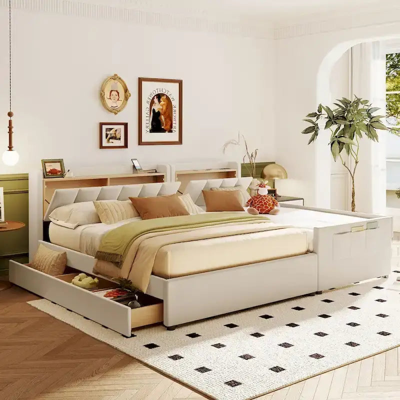 Lit plateforme capitonné Queen + Twin XL beige/gris pour 2