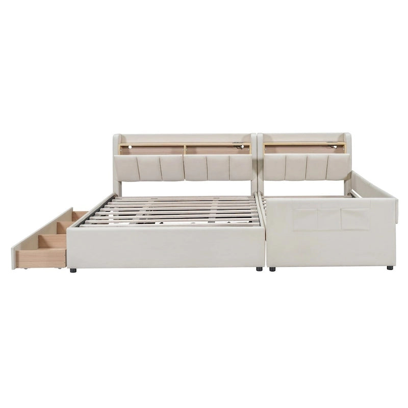 Lit plateforme capitonné Queen + Twin XL beige/gris pour 2