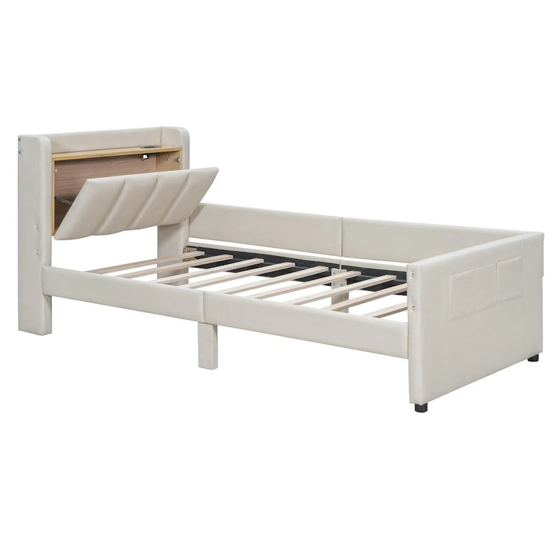 Lit plateforme capitonné Queen + Twin XL beige/gris pour 2