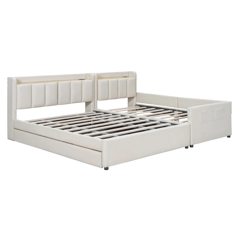 Lit plateforme capitonné Queen + Twin XL beige/gris pour 2
