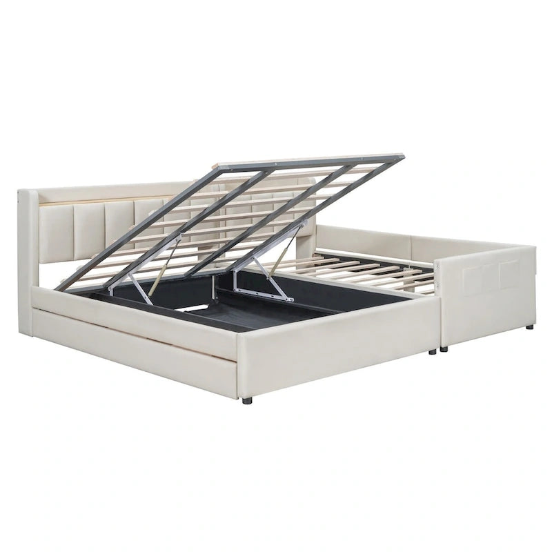 Lit plateforme capitonné Queen + Twin XL beige/gris pour 2