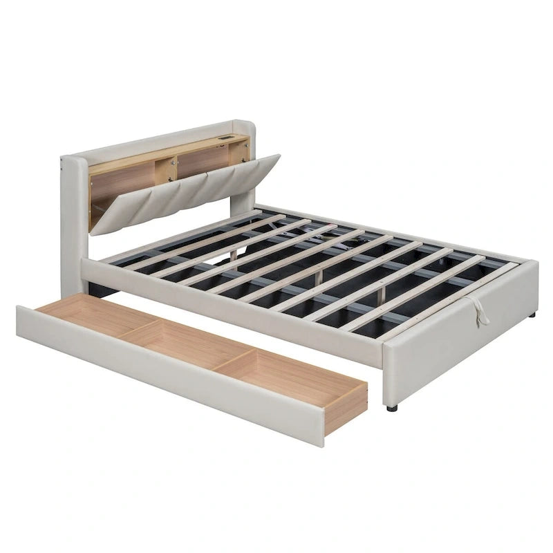Lit plateforme capitonné Queen + Twin XL beige/gris pour 2