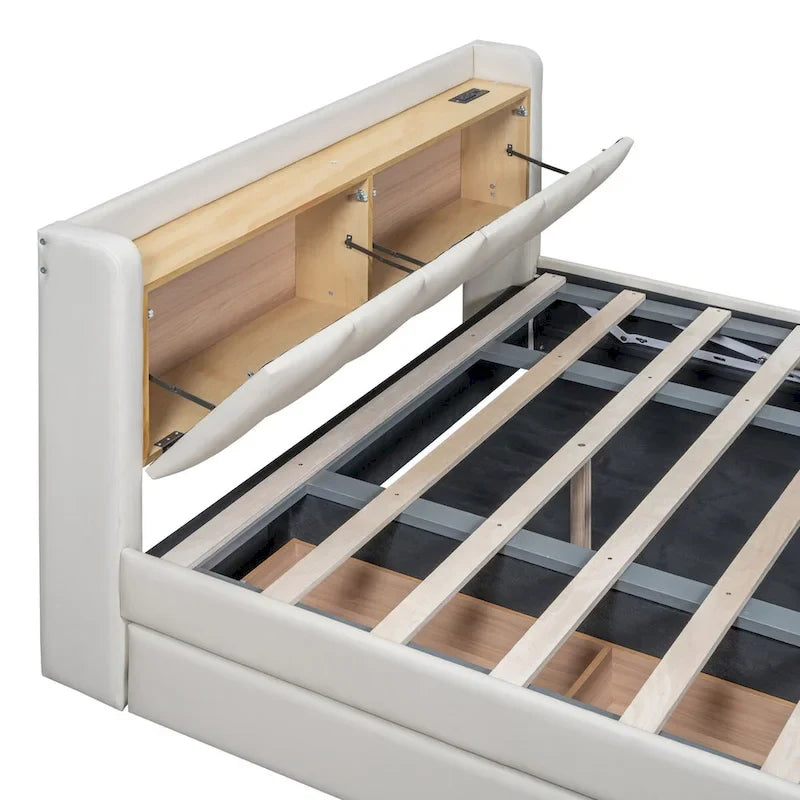 Lit plateforme capitonné Queen + Twin XL beige/gris pour 2