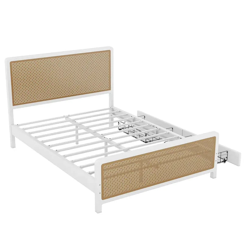 Lit plateforme en métal blanc et or avec 2 tiroirs, Grand, 2 places