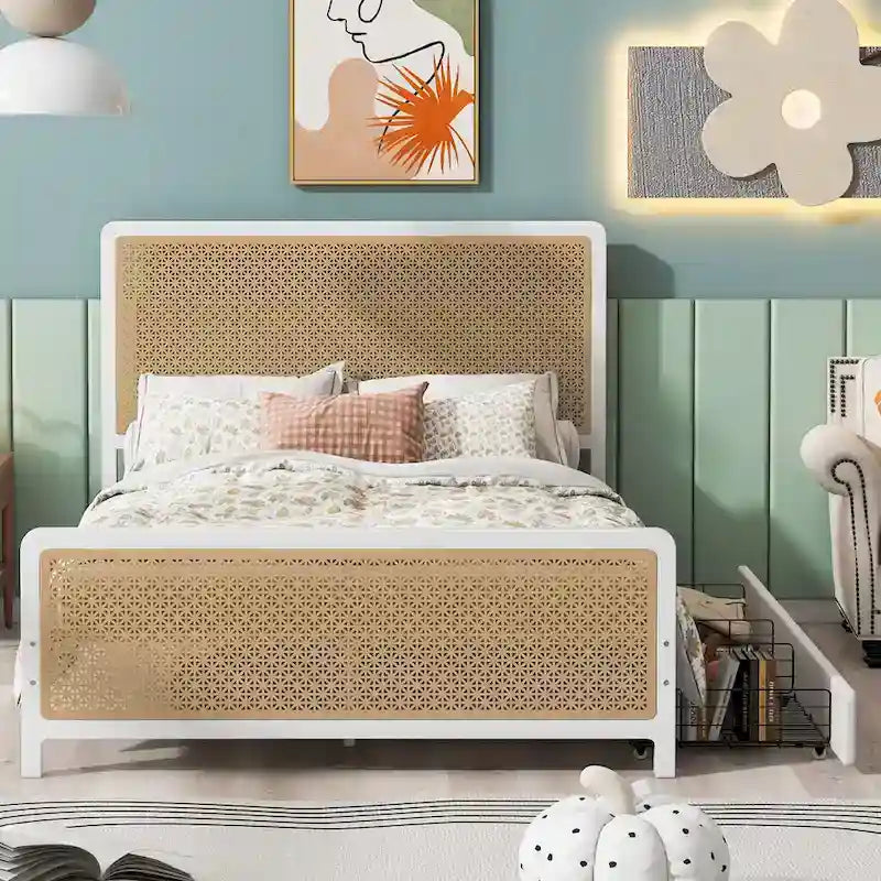 Lit plateforme en métal blanc et or avec 2 tiroirs, Grand, 2 places