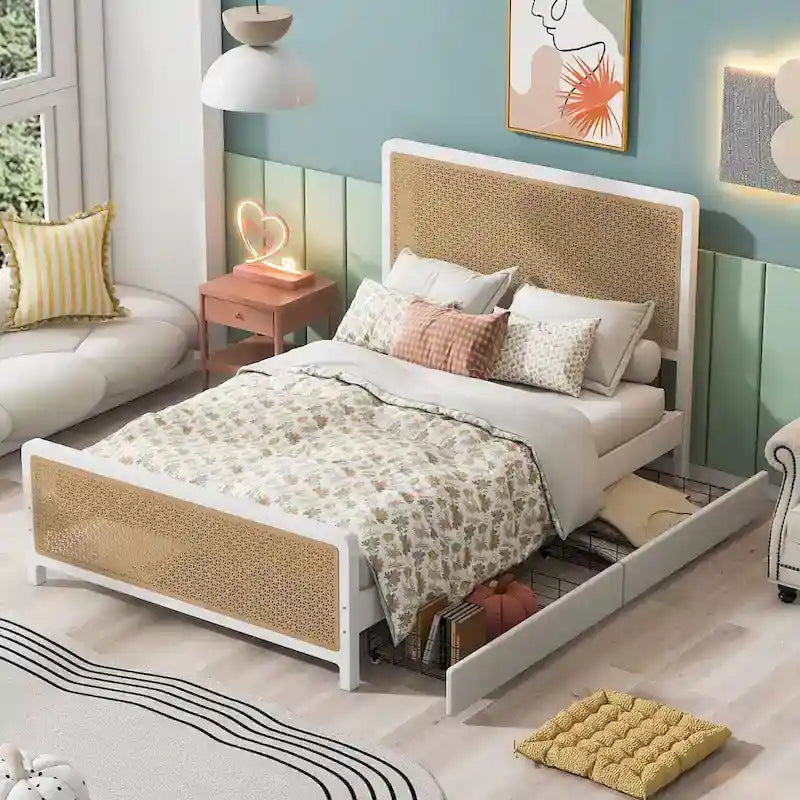 Lit plateforme en métal blanc et or avec 2 tiroirs, Grand, 2 places