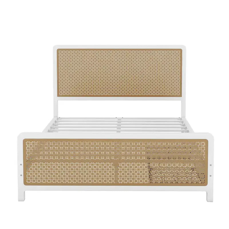 Lit plateforme en métal blanc et or avec 2 tiroirs, Grand, 2 places