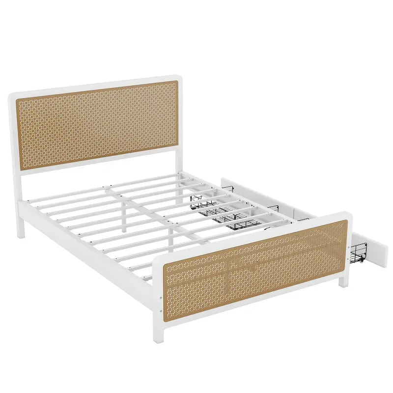 Lit plateforme en métal blanc et or avec 2 tiroirs, Grand, 2 places