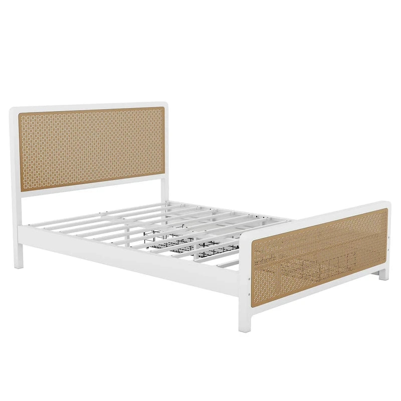 Lit plateforme en métal blanc et or avec 2 tiroirs, Grand, 2 places