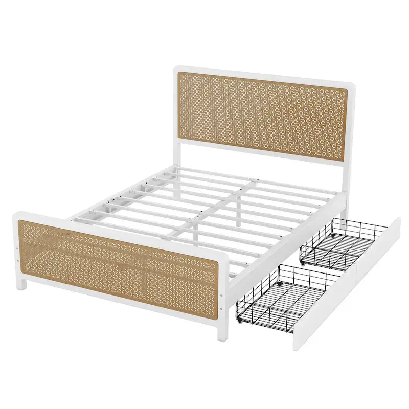 Lit plateforme en métal blanc et or avec 2 tiroirs, Grand, 2 places