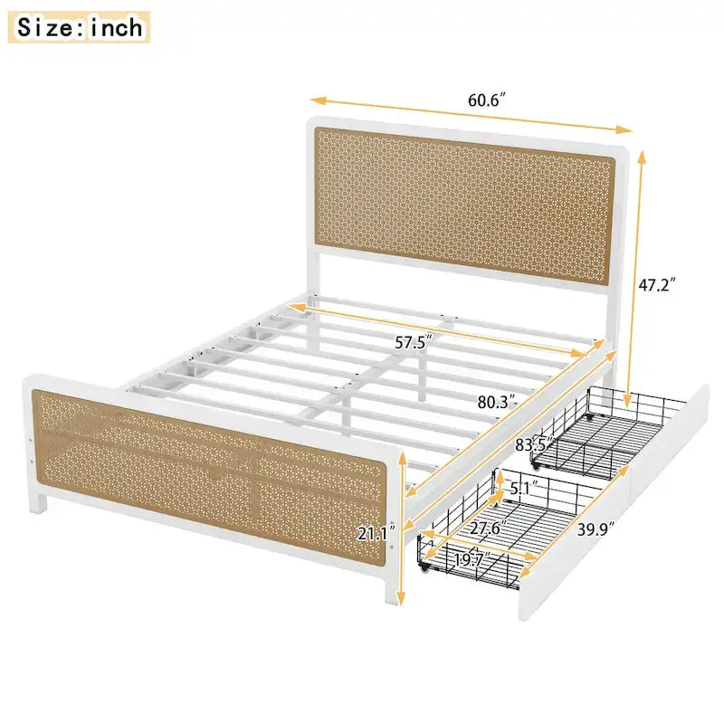 Lit plateforme en métal blanc et or avec 2 tiroirs, Grand, 2 places