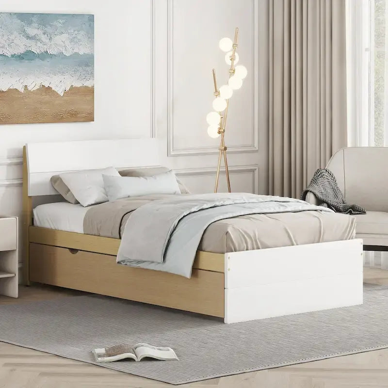 Cadre de lit double blanc / blanc + chêne clair brillant avec lit gigogne, 2 couchages