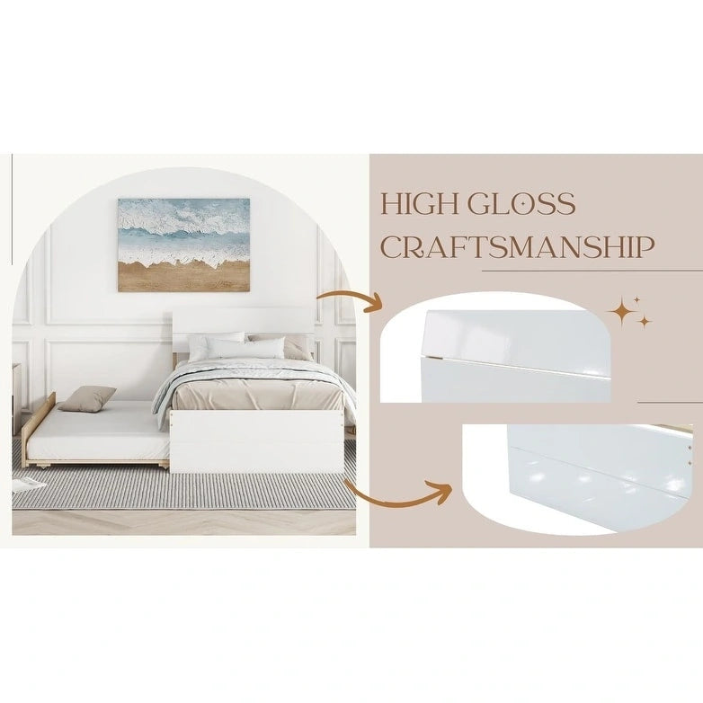 Cadre de lit double blanc / blanc + chêne clair brillant avec lit gigogne, 2 couchages
