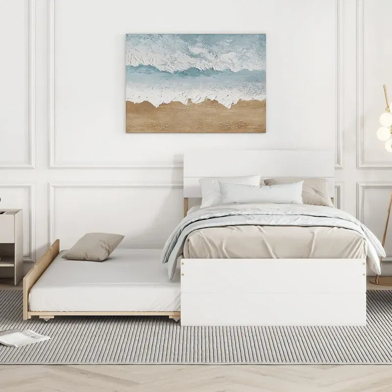 Cadre de lit double blanc / blanc + chêne clair brillant avec lit gigogne, 2 couchages