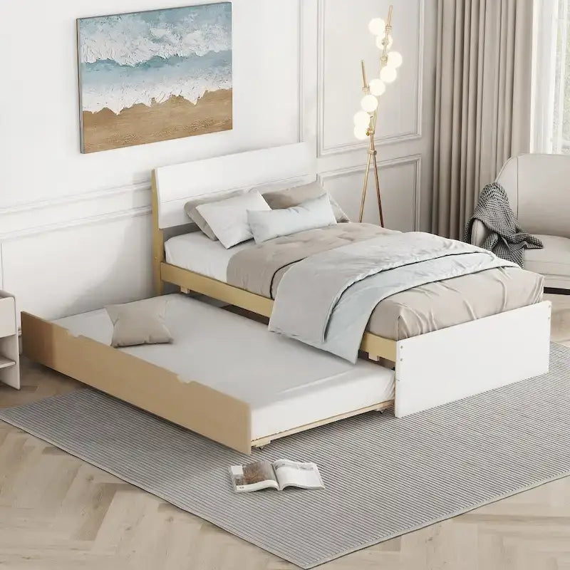 Cadre de lit double blanc / blanc + chêne clair brillant avec lit gigogne, 2 couchages