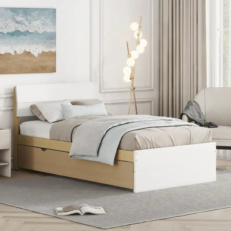 Cadre de lit double blanc / blanc + chêne clair brillant avec lit gigogne, 2 couchages