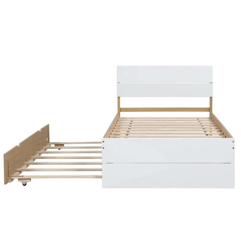 Cadre de lit double blanc / blanc + chêne clair brillant avec lit gigogne, 2 couchages