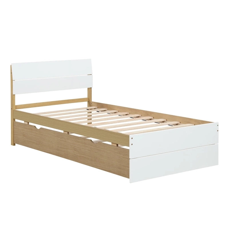 Cadre de lit double blanc / blanc + chêne clair brillant avec lit gigogne, 2 couchages