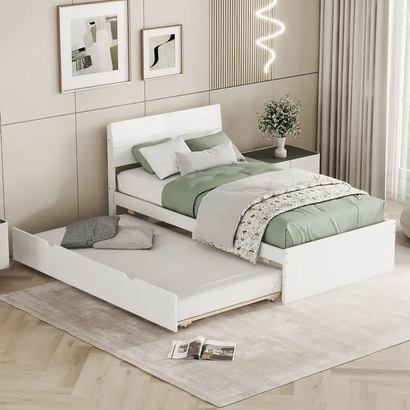 Cadre de lit double blanc / blanc + chêne clair brillant avec lit gigogne, 2 couchages
