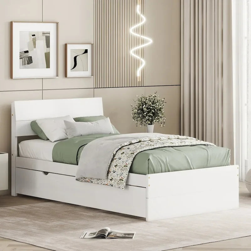 Cadre de lit double blanc / blanc + chêne clair brillant avec lit gigogne, 2 couchages