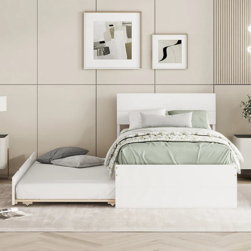 Cadre de lit double blanc / blanc + chêne clair brillant avec lit gigogne, 2 couchages