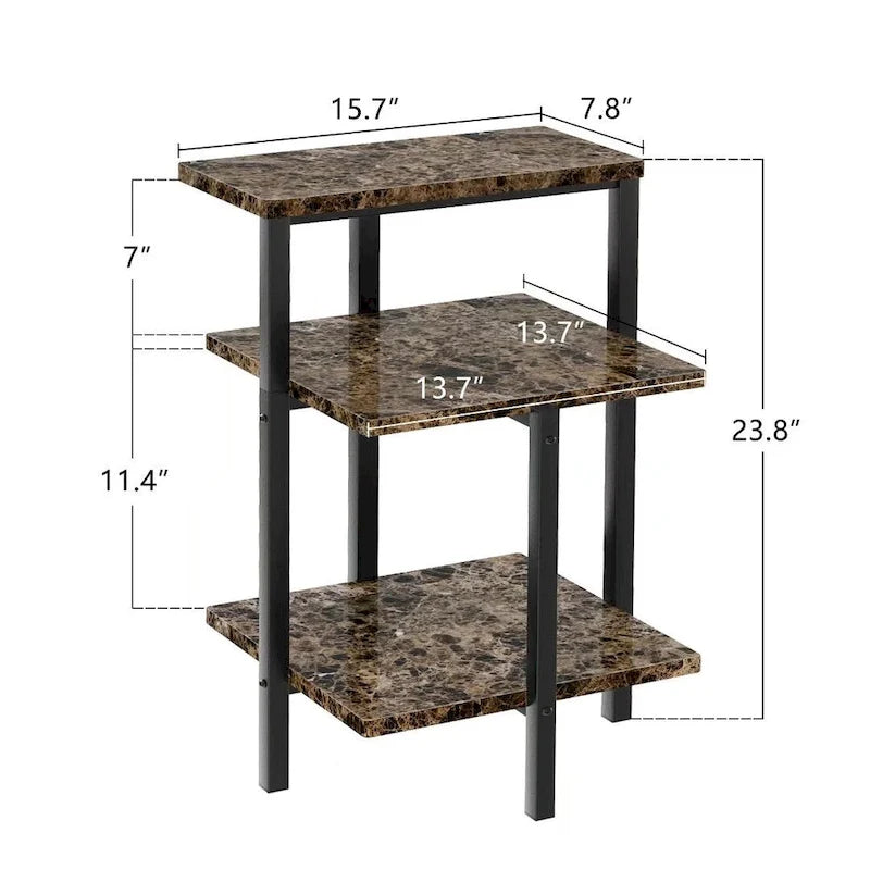 Table d'appoint à 3 niveaux, carrée/ronde, blanc/marron, pieds en métal or/noir, plateau aspect marbre