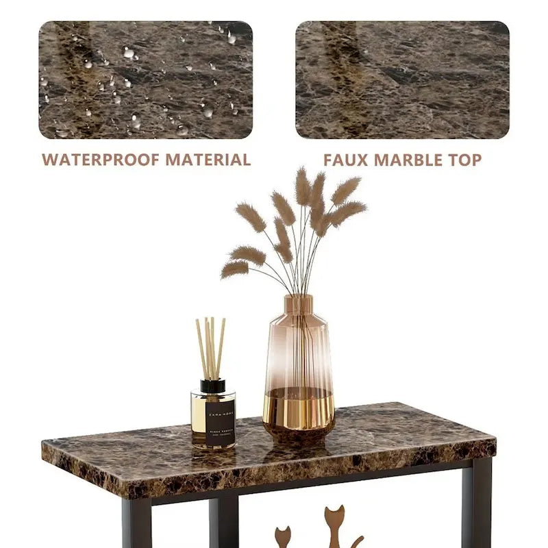 Table d'appoint à 3 niveaux, carrée/ronde, blanc/marron, pieds en métal or/noir, plateau aspect marbre