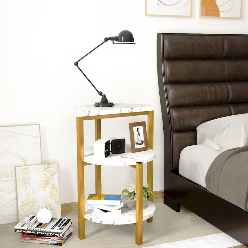 Table d'appoint à 3 niveaux, carrée/ronde, blanc/marron, pieds en métal or/noir, plateau aspect marbre