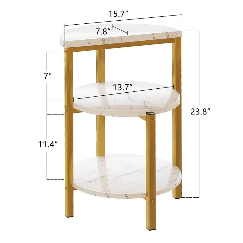 Table d'appoint à 3 niveaux, carrée/ronde, blanc/marron, pieds en métal or/noir, plateau aspect marbre