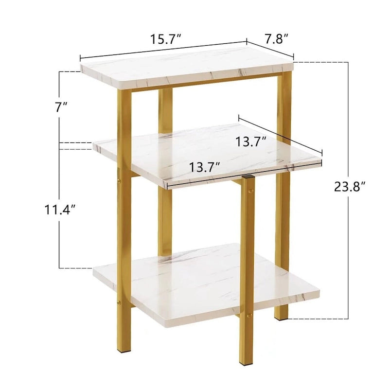 Table d'appoint à 3 niveaux, carrée/ronde, blanc/marron, pieds en métal or/noir, plateau aspect marbre