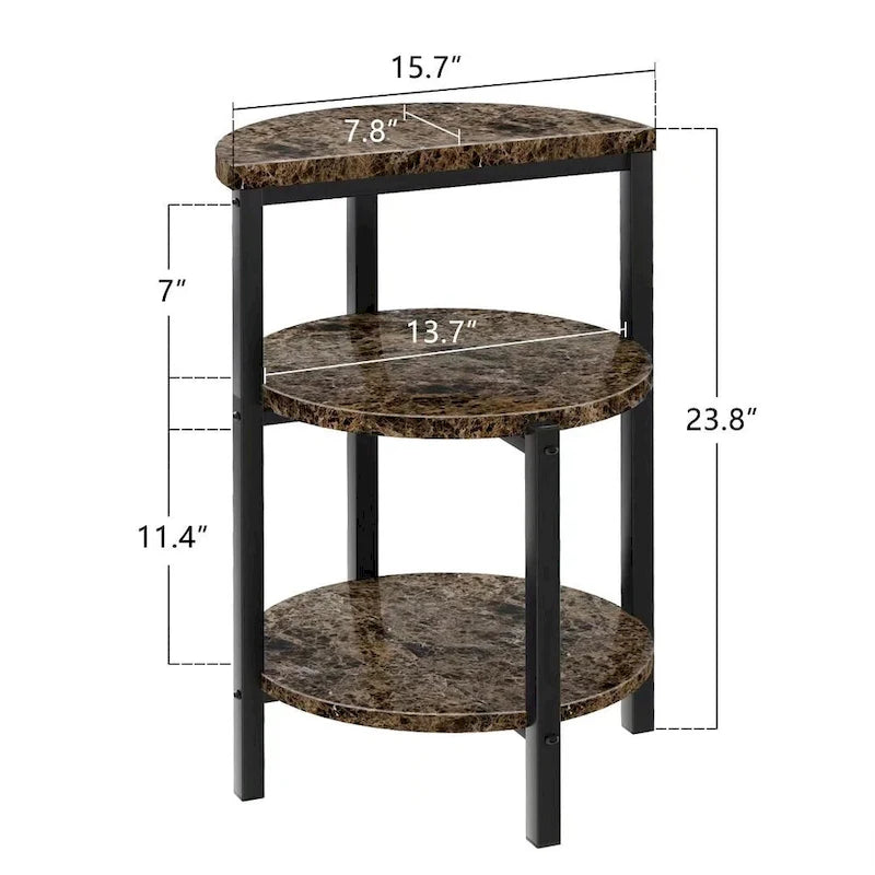 Table d'appoint à 3 niveaux, carrée/ronde, blanc/marron, pieds en métal or/noir, plateau aspect marbre