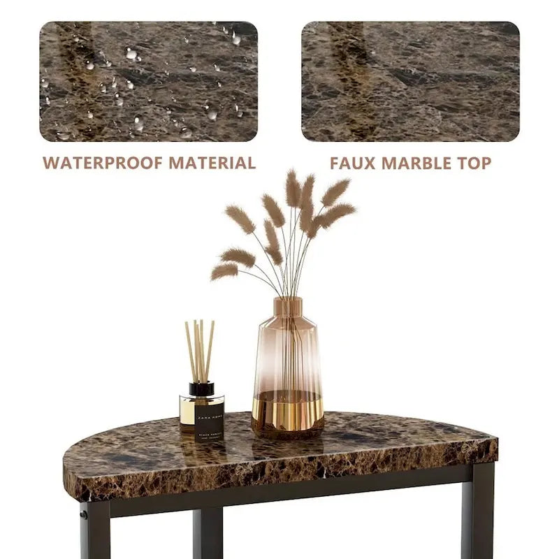Table d'appoint à 3 niveaux, carrée/ronde, blanc/marron, pieds en métal or/noir, plateau aspect marbre