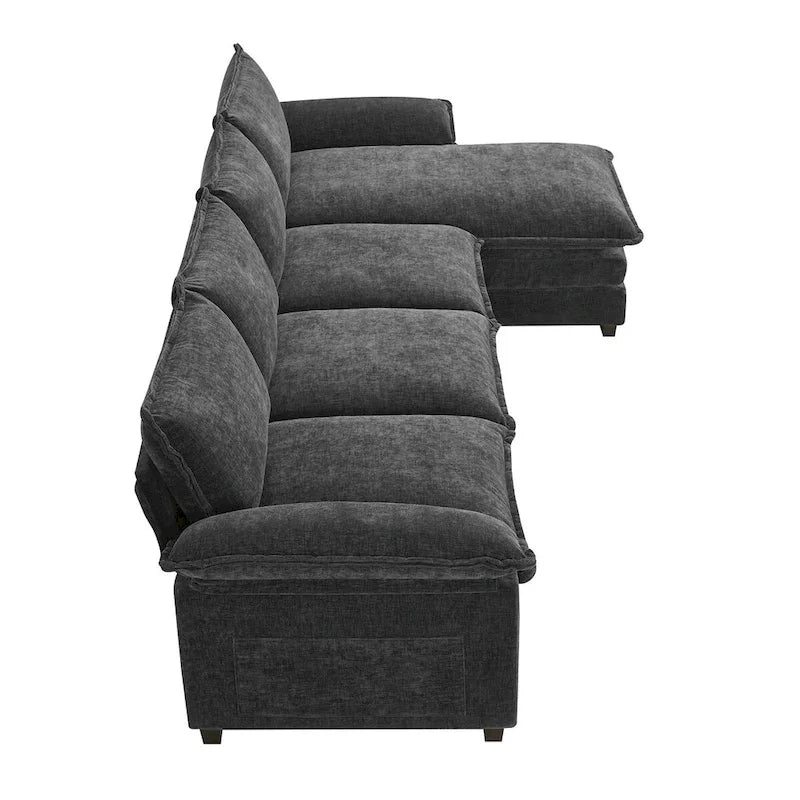 Canapé d'angle 5 places en chenille avec méridienne, gingembre / beige / gris / bleu marine foncé